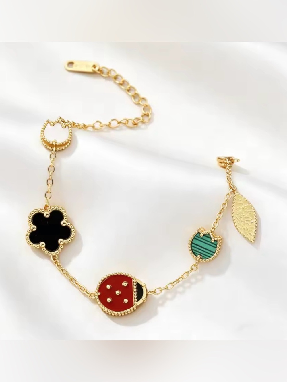 Gold-Plated Women's Charm Bracelet with Red, Black and Green Enamel Accents